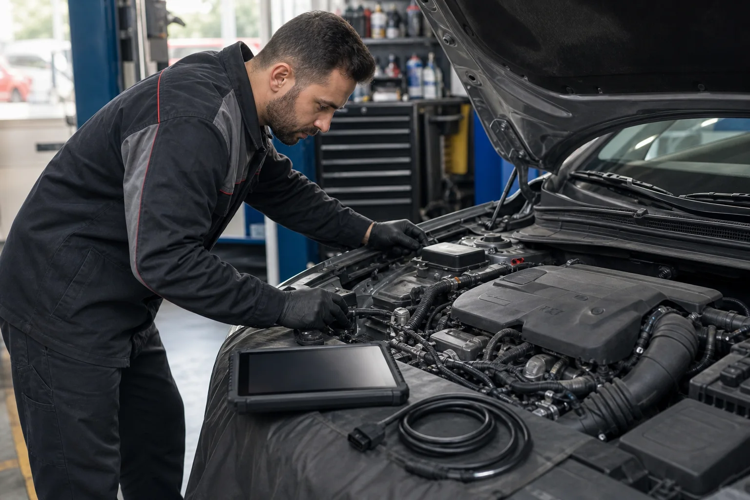 Kod okumasından sonra açık motor bölümünde fiziksel kontrol yapan bir usta