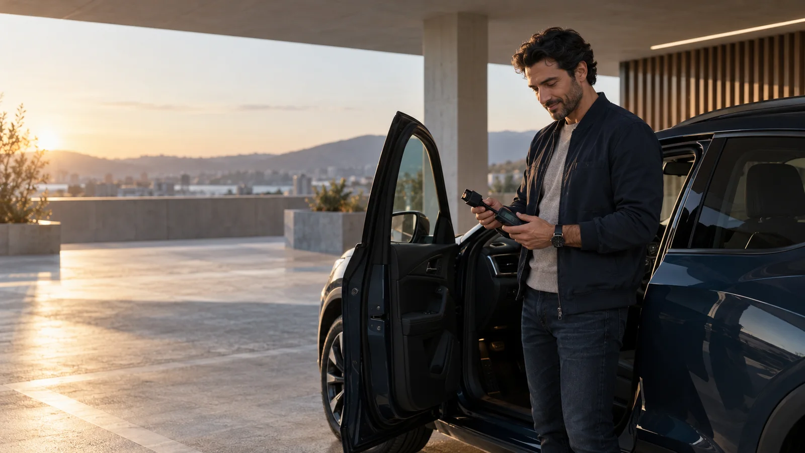 Aracının yanında OBD2 bağlantısını kontrol eden araç sahibi